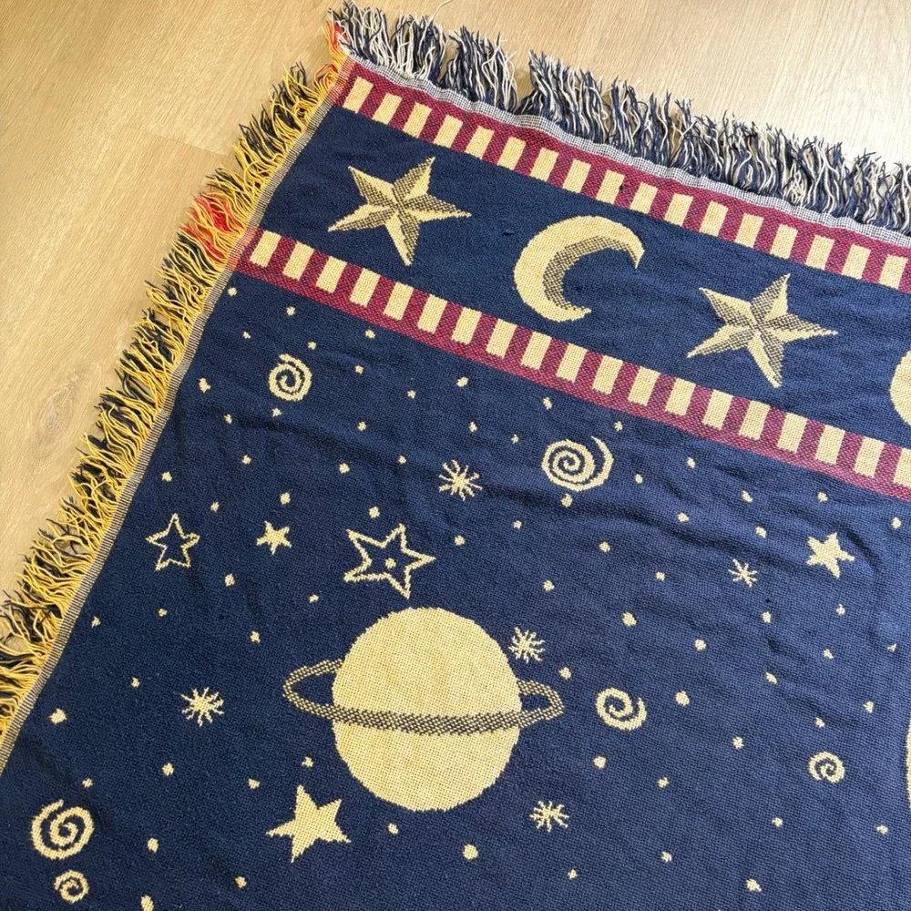 Vintage Celestial Sun Moon Stars Woven Tapestry Throw Blanket Navy Gold 48x60